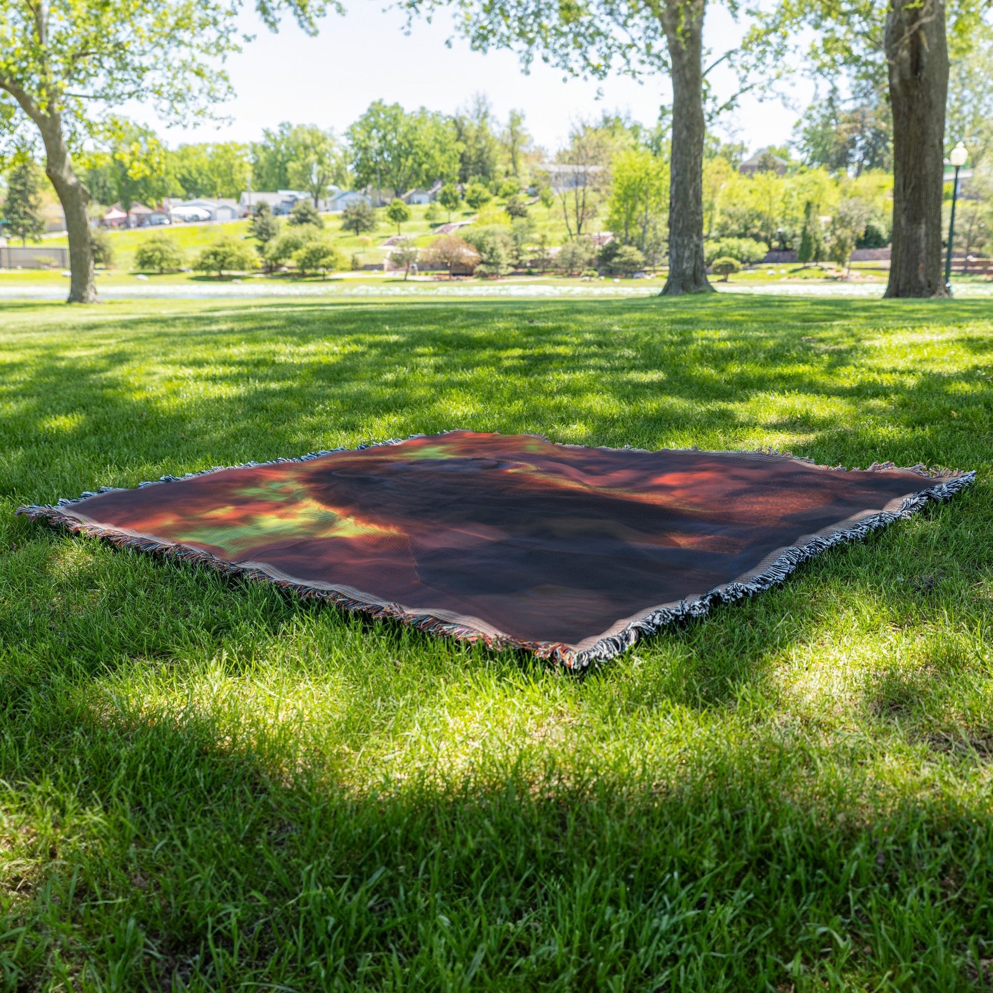 Majestic Lion on Rocky Savanna Ridge Under Glowing Red and Orange Sunset with Illuminated Golden Mane Woven Throw Blanket - Awakening Righteousness