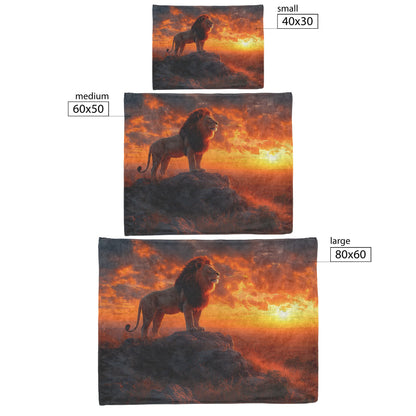 Majestic Lion Standing on Rocky Hill Under Glowing Golden Sunset Surrounded by African Savanna Sherpa Blanket - Awakening Righteousness