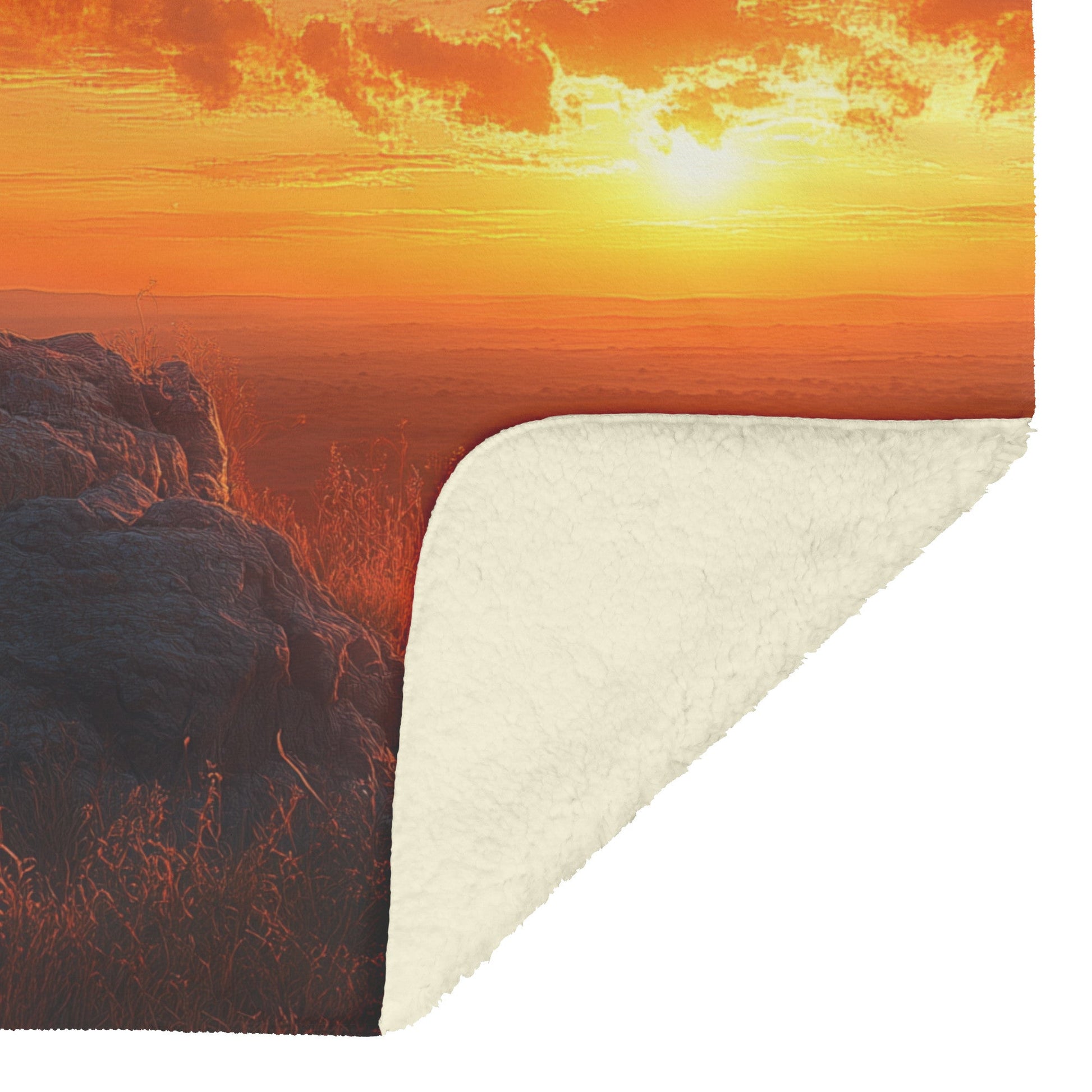 Majestic Lion Standing on Rocky Hill Under Glowing Golden Sunset Surrounded by African Savanna Sherpa Blanket - Awakening Righteousness