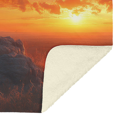 Majestic Lion Standing on Rocky Hill Under Glowing Golden Sunset Surrounded by African Savanna Sherpa Blanket - Awakening Righteousness