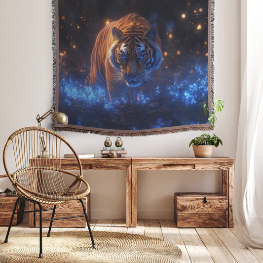 Majestic Lone Tiger in Bioluminescent Forest Surrounded by Glowing Blue Plants and Mist Woven Throw Blanket - Awakening Righteousness