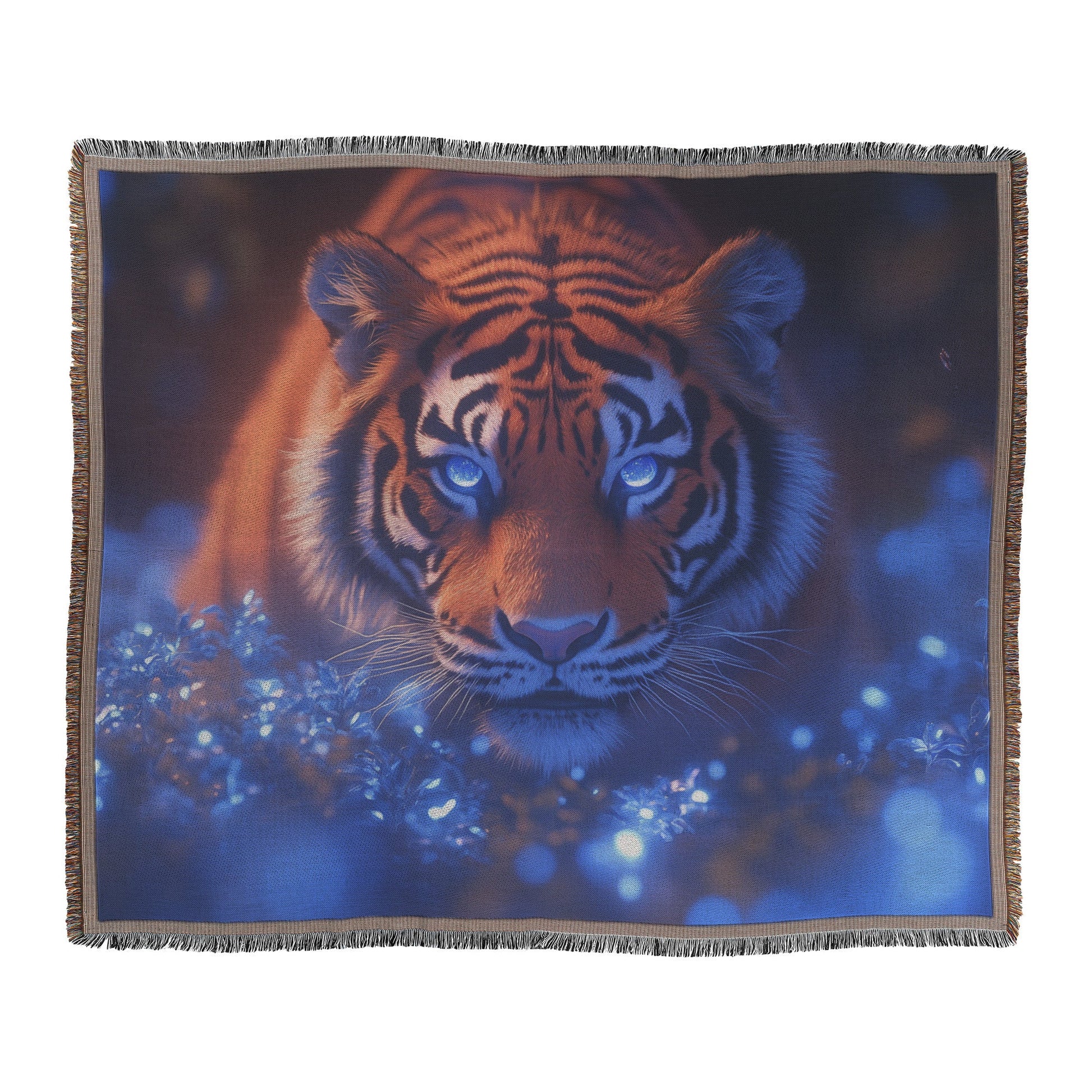 Majestic Lone Tiger in Bioluminescent Forest Surrounded by Glowing Blue Plants and Mist Woven Throw Blanket - Awakening Righteousness