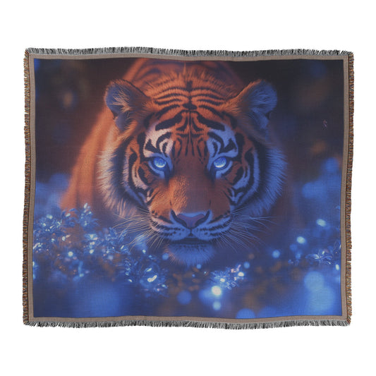 Majestic Lone Tiger in Bioluminescent Forest Surrounded by Glowing Blue Plants and Mist Woven Throw Blanket - Awakening Righteousness