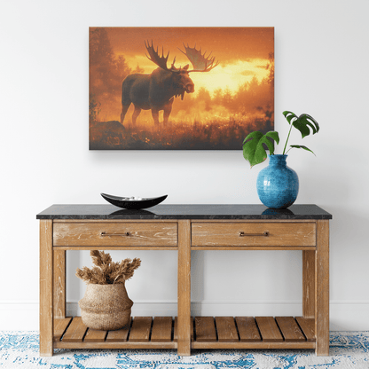 Majestic Moose In Glowing Golden Meadow With Mist And Sunrise Light Illuminating Antlers Canvas Wall Art Decor - Awakening Righteousness