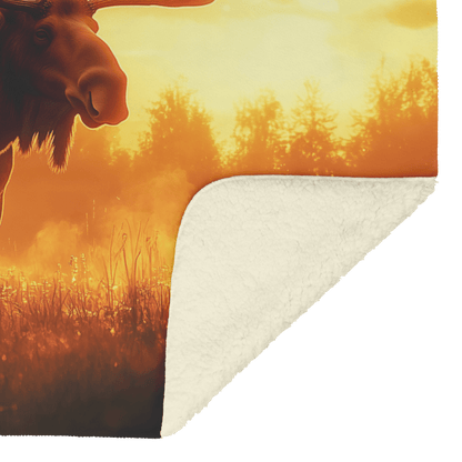 Majestic Moose Standing in Glowing Golden Meadow Surrounded by Mist Under Vibrant Sunrise With Illuminated Antlers Fleece Sherpa Blanket - Awakening Righteousness
