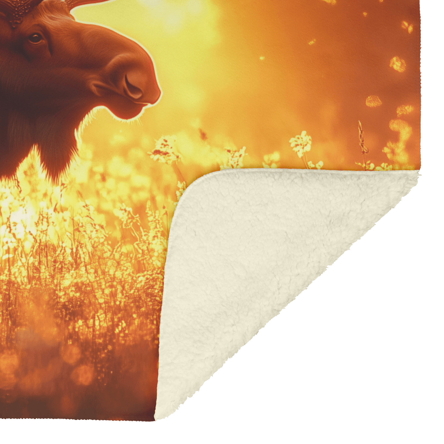 Majestic Moose Standing in Glowing Golden Meadow Surrounded by Mist Under Vibrant Sunrise With Illuminated Antlers Fleece Sherpa Blanket - Awakening Righteousness