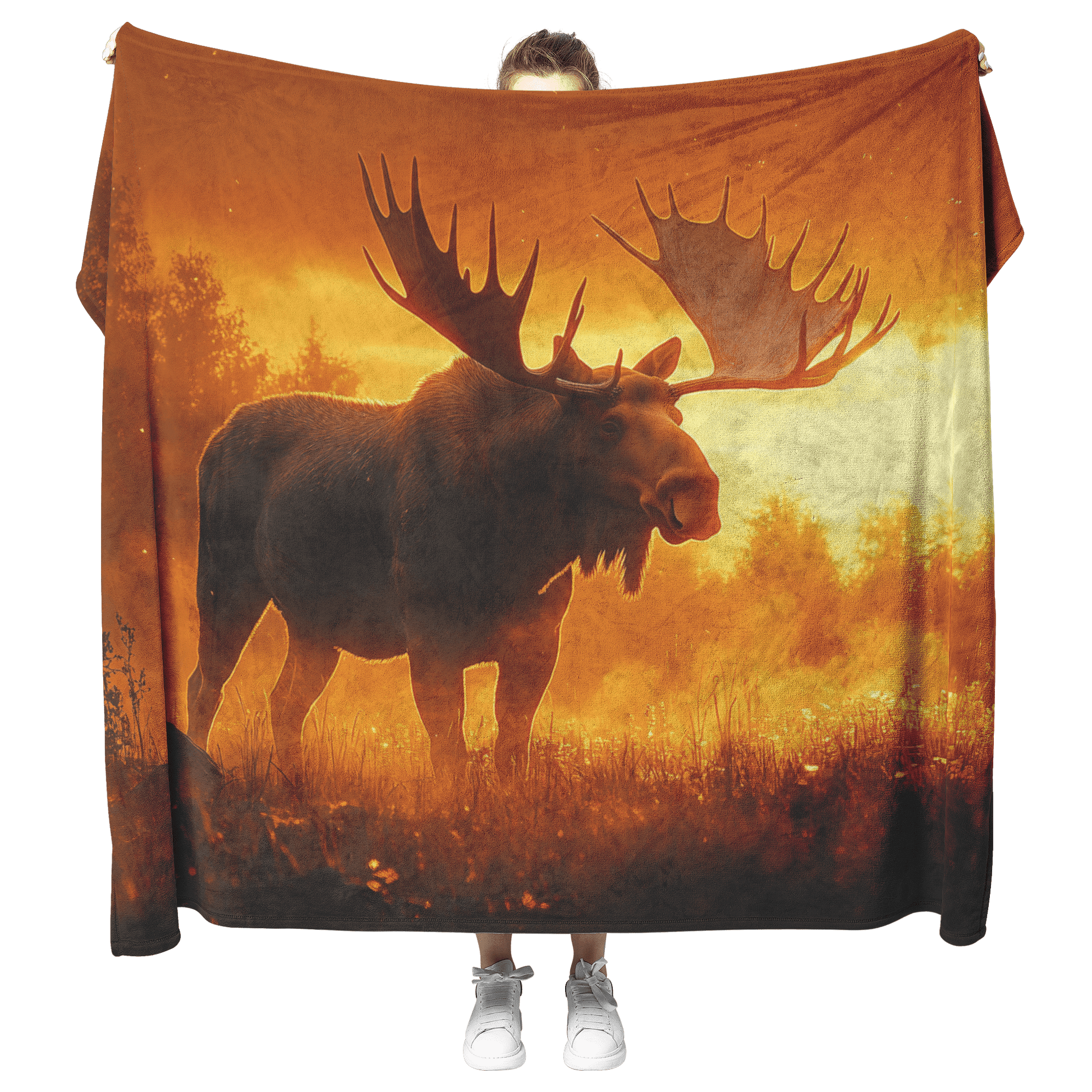 Majestic Moose Standing in Glowing Golden Meadow Surrounded by Mist Under Vibrant Sunrise With Illuminated Antlers Fleece Sherpa Blanket - Awakening Righteousness