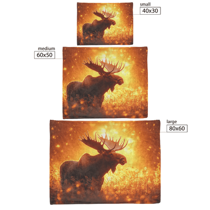Majestic Moose Standing in Glowing Golden Meadow Surrounded by Mist Under Vibrant Sunrise With Illuminated Antlers Fleece Sherpa Blanket - Awakening Righteousness