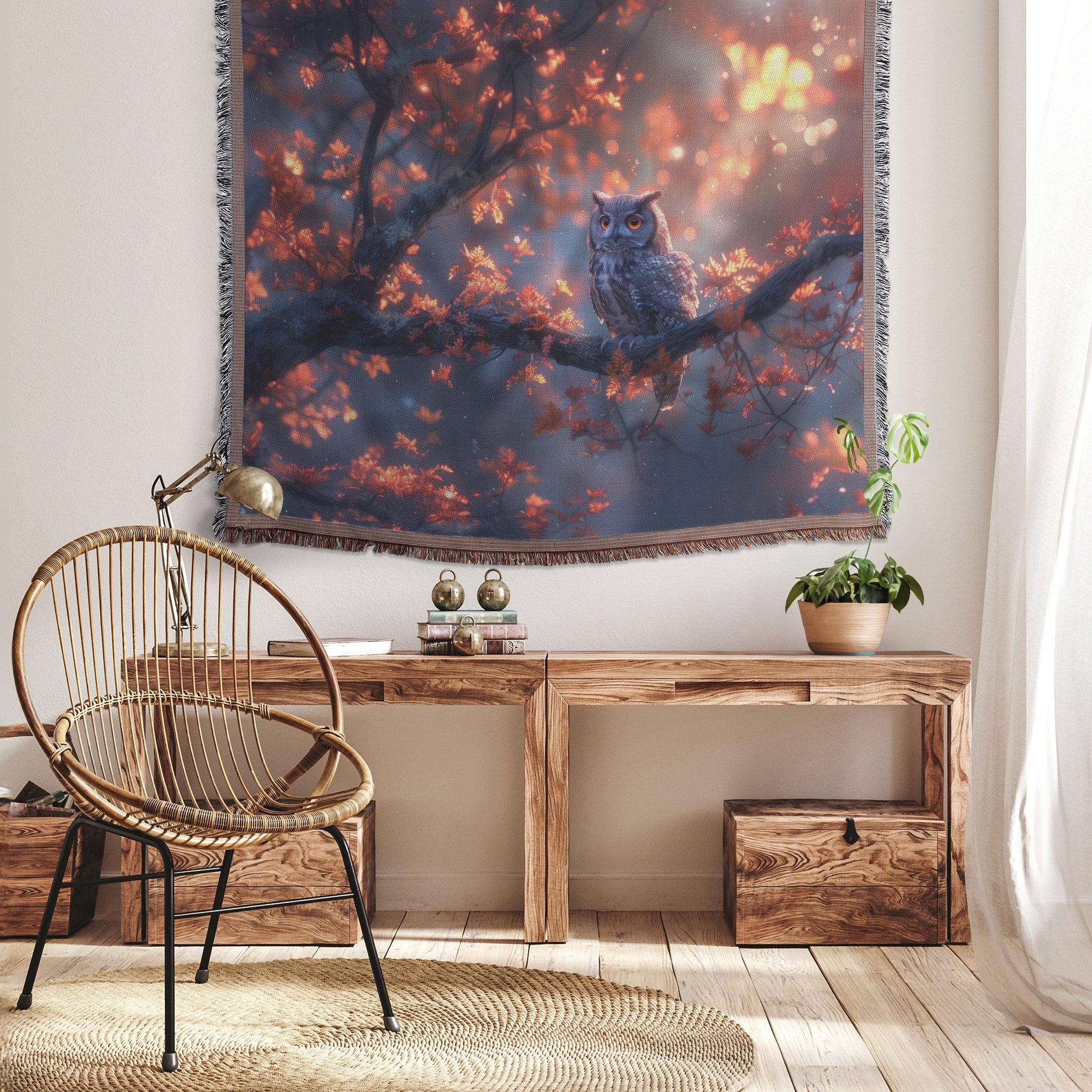 Majestic Owl on Autumn Branch Woven Throw Blanket - Awakening Righteousness