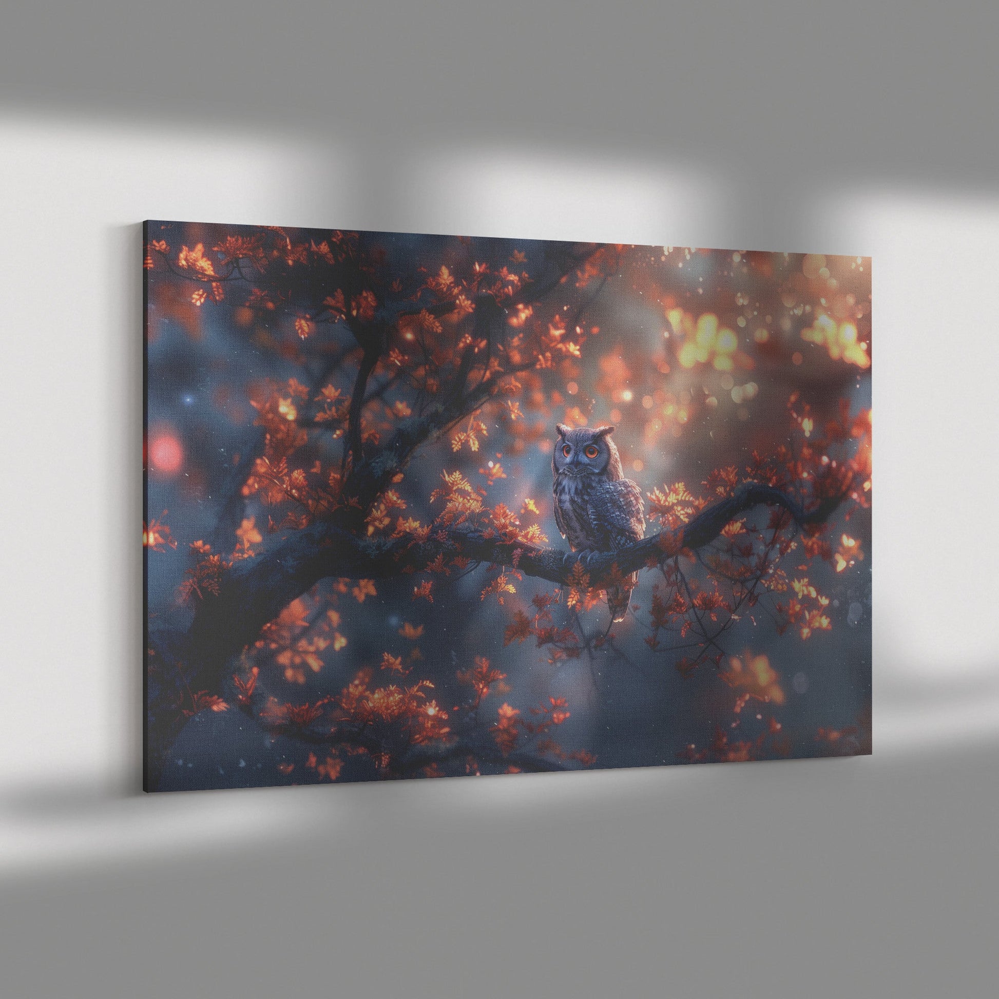 Majestic Owl Perched on Autumn Branch in Enchanted Forest Canvas Wall Art Decor - Awakening Righteousness