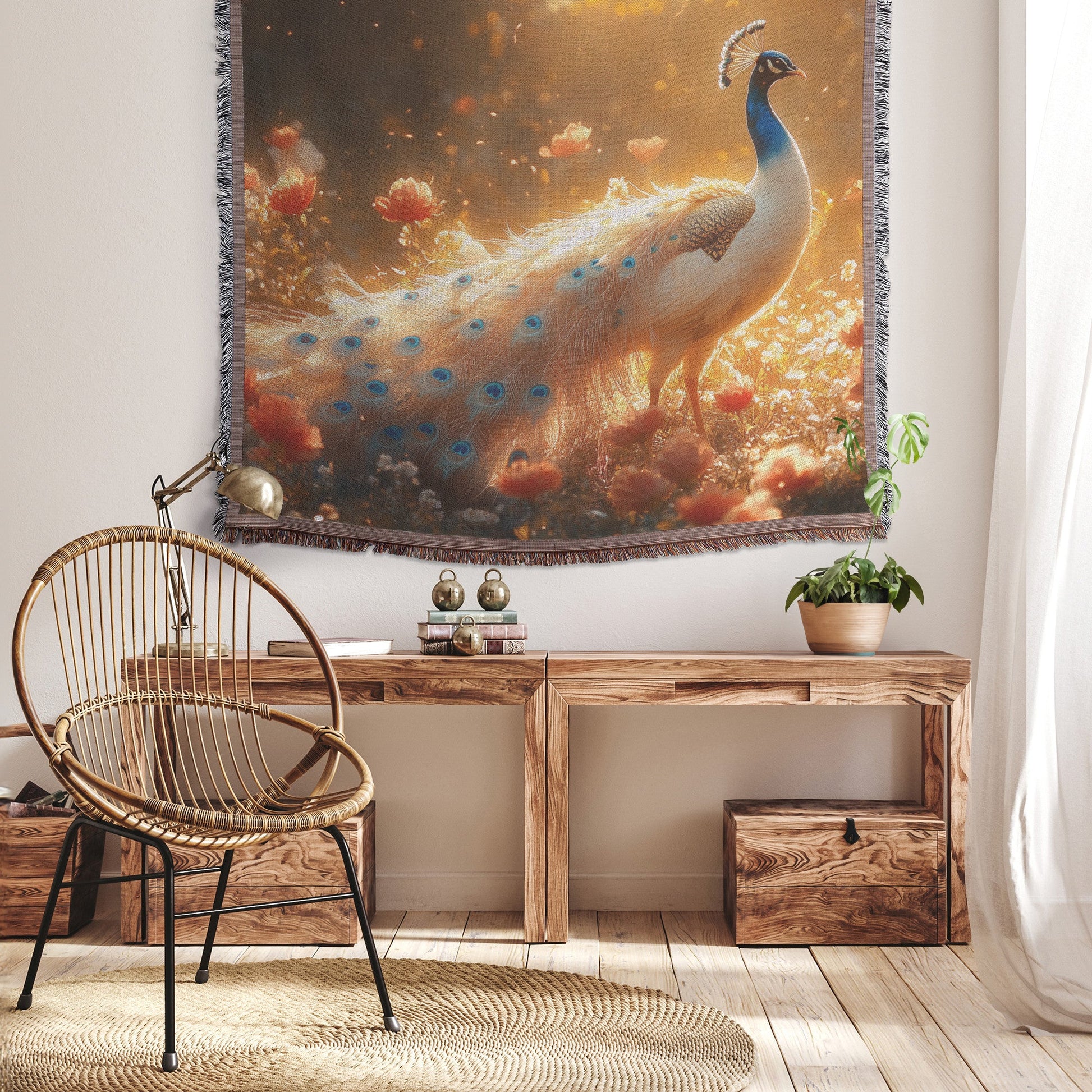Majestic Peacock in Glowing Enchanted Garden with Blooming Flowers Under Golden Sunlight Woven Throw Blanket - Awakening Righteousness