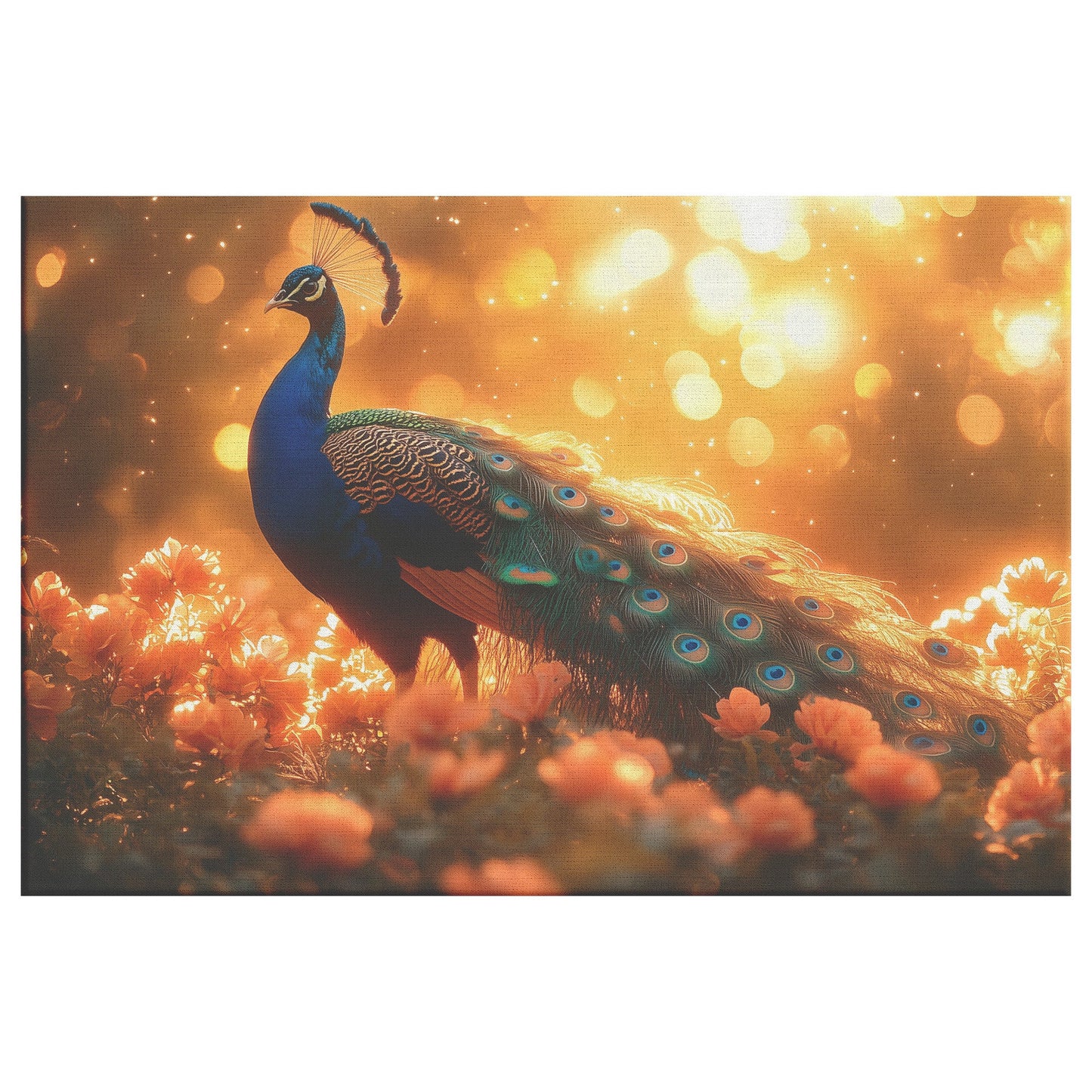 Majestic Peacock in Glowing Enchanted Garden with Vibrant Blooming Flowers Under Golden Sunlight Canvas Wall Art - Awakening Righteousness