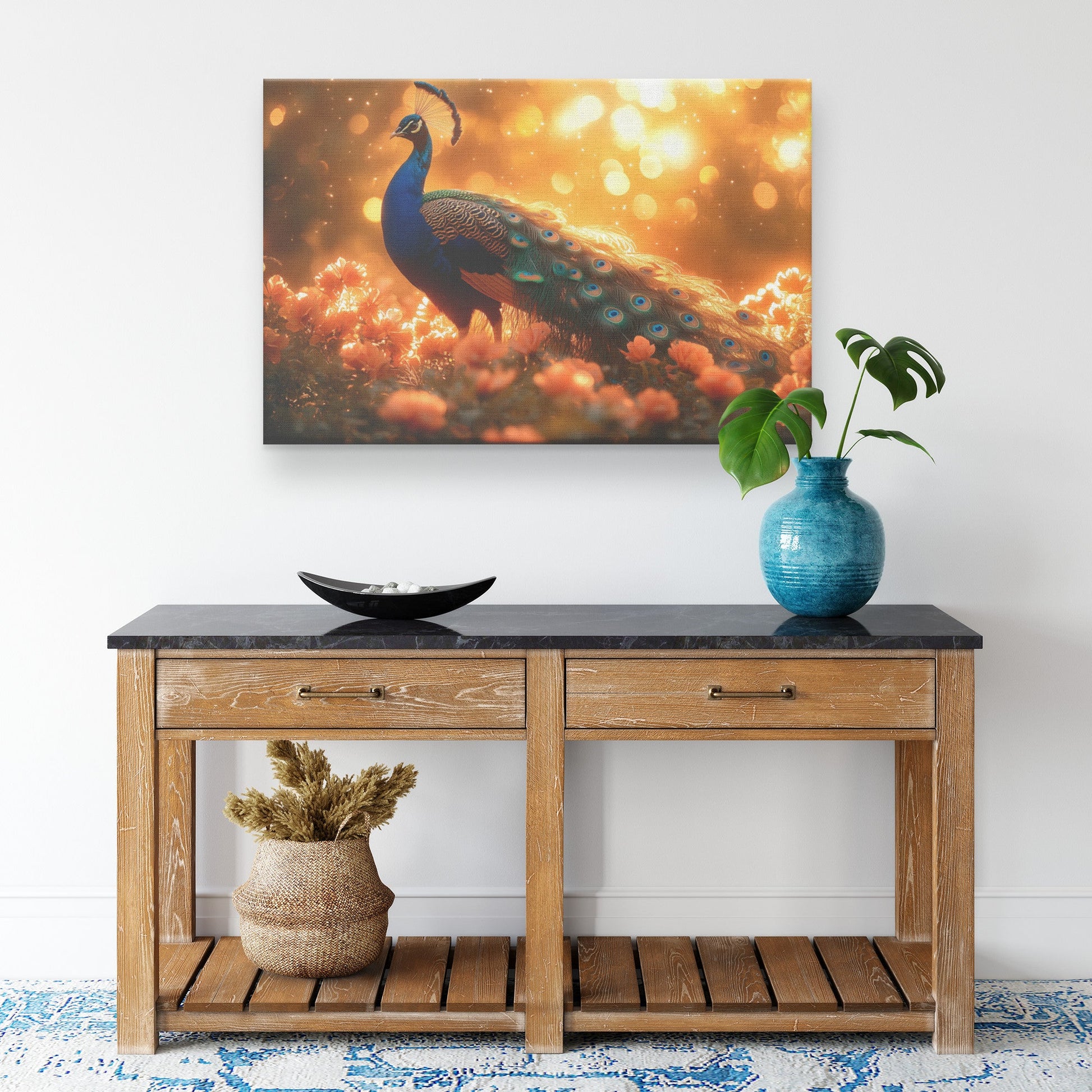 Majestic Peacock in Glowing Enchanted Garden with Vibrant Blooming Flowers Under Golden Sunlight Canvas Wall Art - Awakening Righteousness