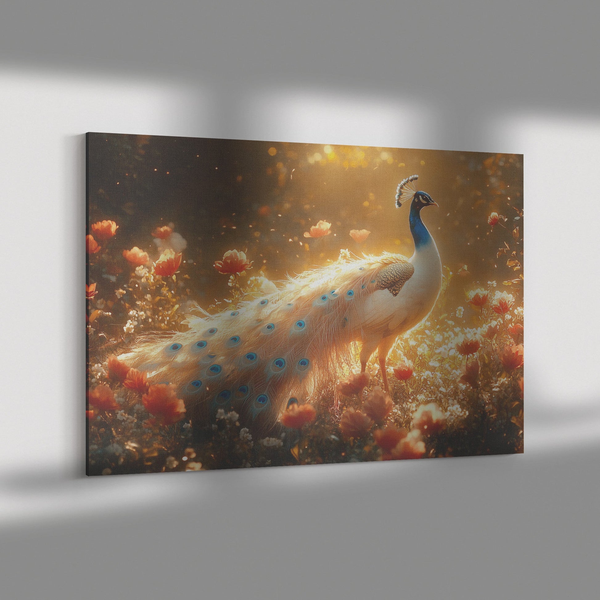 Majestic Peacock in Glowing Enchanted Garden with Vibrant Blooming Flowers Under Golden Sunlight Canvas Wall Art - Awakening Righteousness