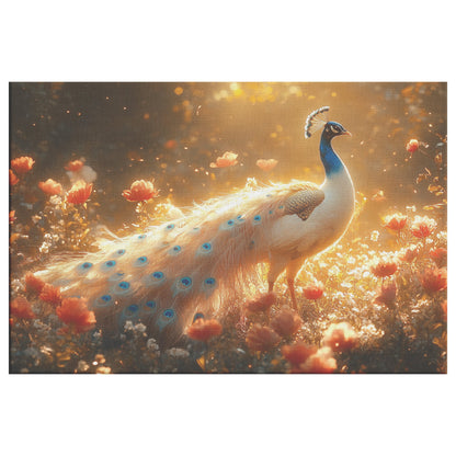 Majestic Peacock in Glowing Enchanted Garden with Vibrant Blooming Flowers Under Golden Sunlight Canvas Wall Art - Awakening Righteousness