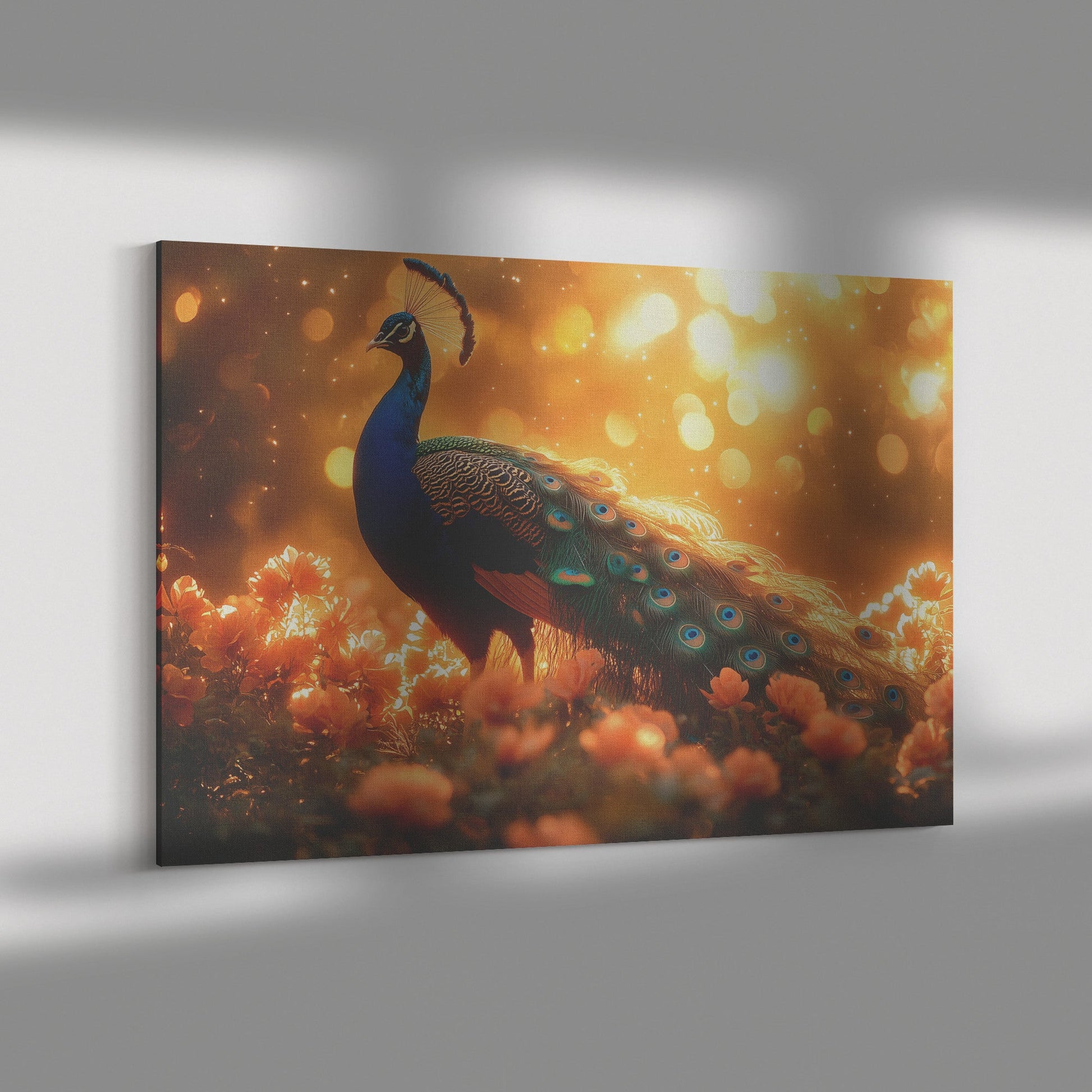 Majestic Peacock in Glowing Enchanted Garden with Vibrant Blooming Flowers Under Golden Sunlight Canvas Wall Art - Awakening Righteousness
