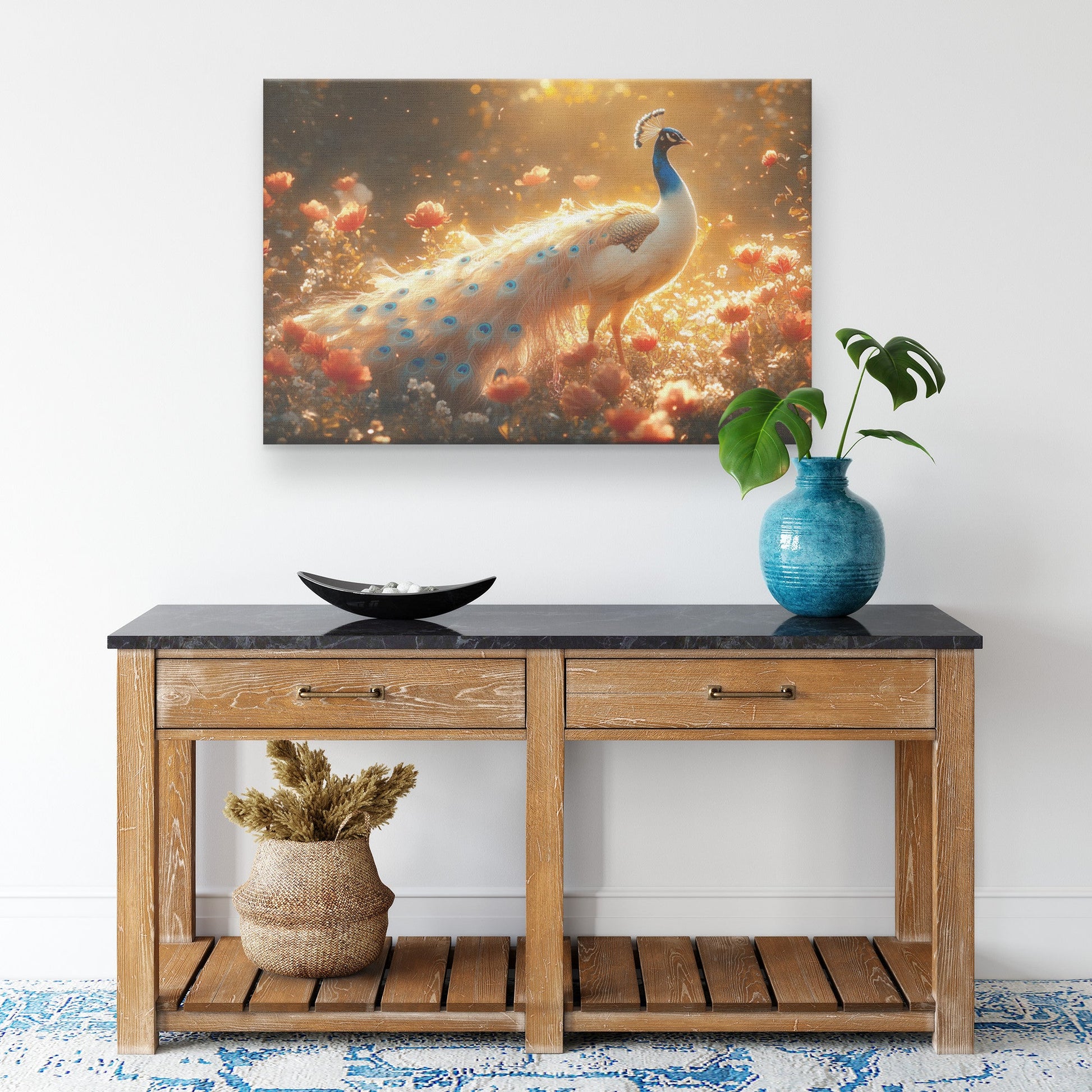 Majestic Peacock in Glowing Enchanted Garden with Vibrant Blooming Flowers Under Golden Sunlight Canvas Wall Art - Awakening Righteousness