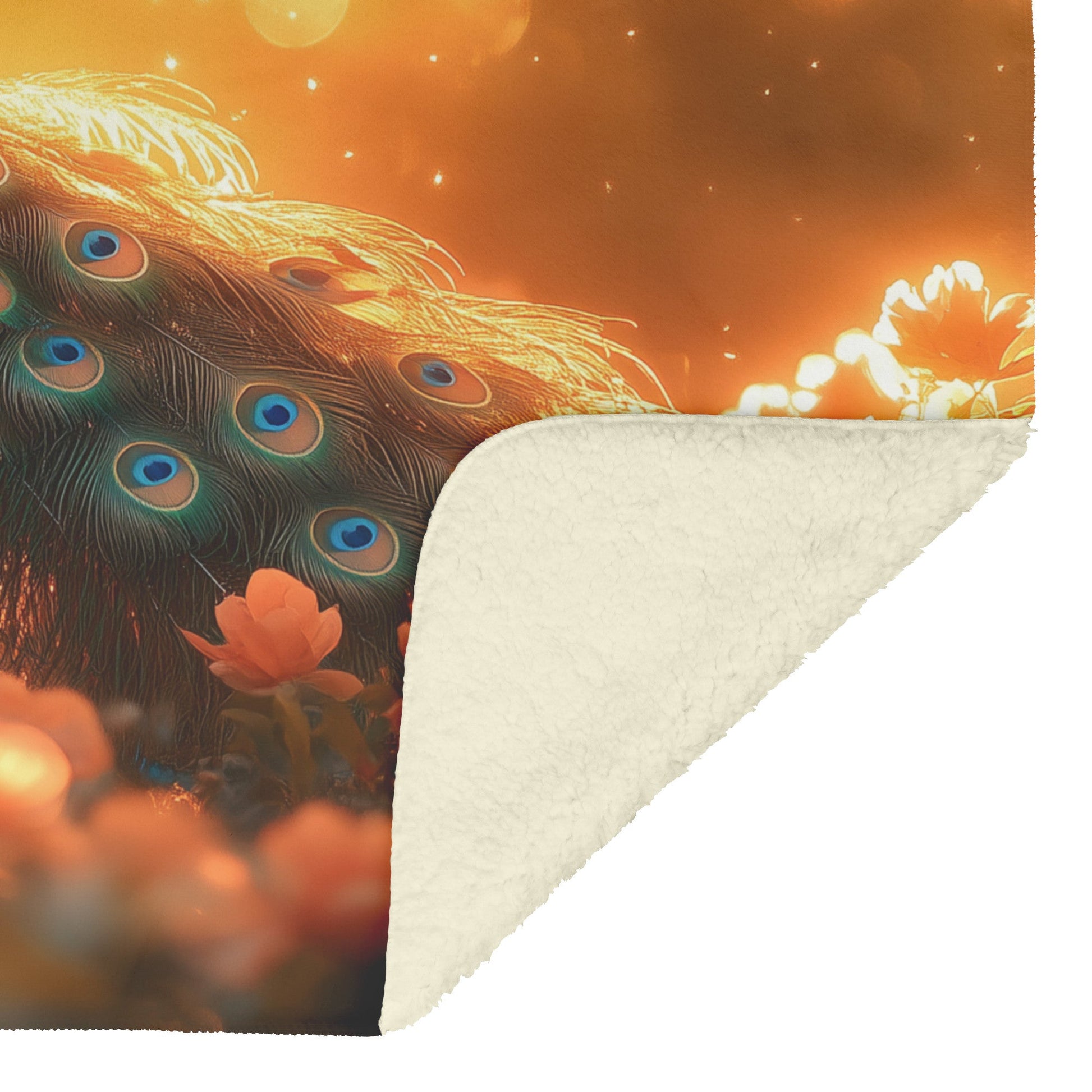 Majestic Peacock in Glowing Enchanted Garden with Vibrant Flowers Under Golden Sunlight Fleece Sherpa Blanket - Awakening Righteousness