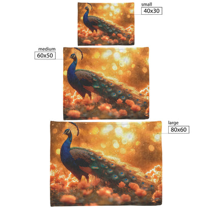 Majestic Peacock in Glowing Enchanted Garden with Vibrant Flowers Under Golden Sunlight Fleece Sherpa Blanket - Awakening Righteousness