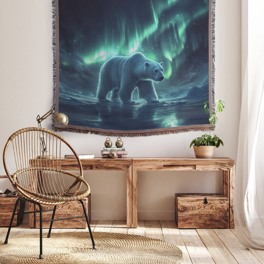 Majestic Polar Bear Walking on Glowing Icy Plains Under Vibrant Aurora Borealis with Silver Highlights Woven Throw Blanket - Awakening Righteousness
