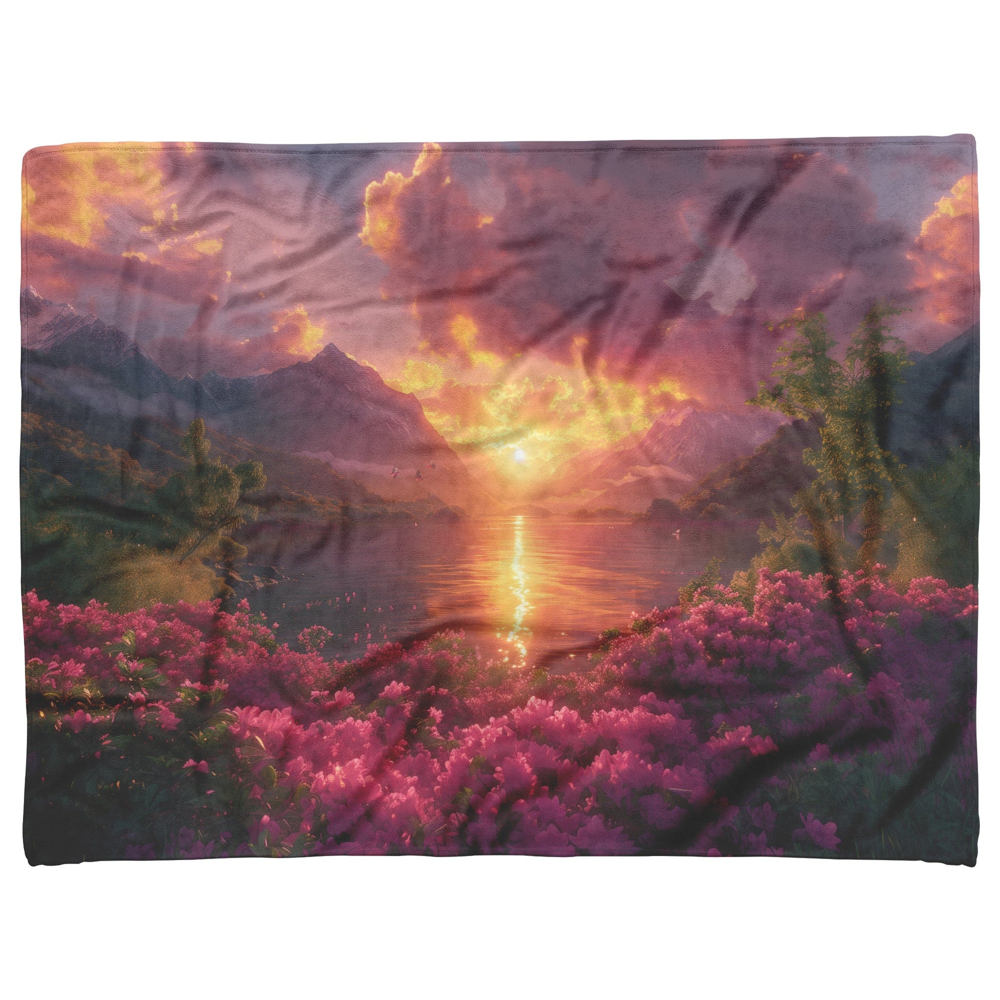 Majestic Sunset Over Lake with Pink Flowers and Mountain Reflections Fleece Sherpa Blanket - Awakening Righteousness