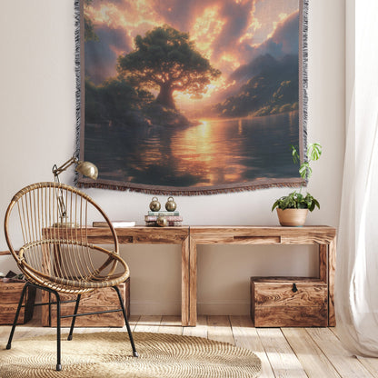 Majestic Sunset Tree by Mountain Lake Woven Throw Blanket - Awakening Righteousness