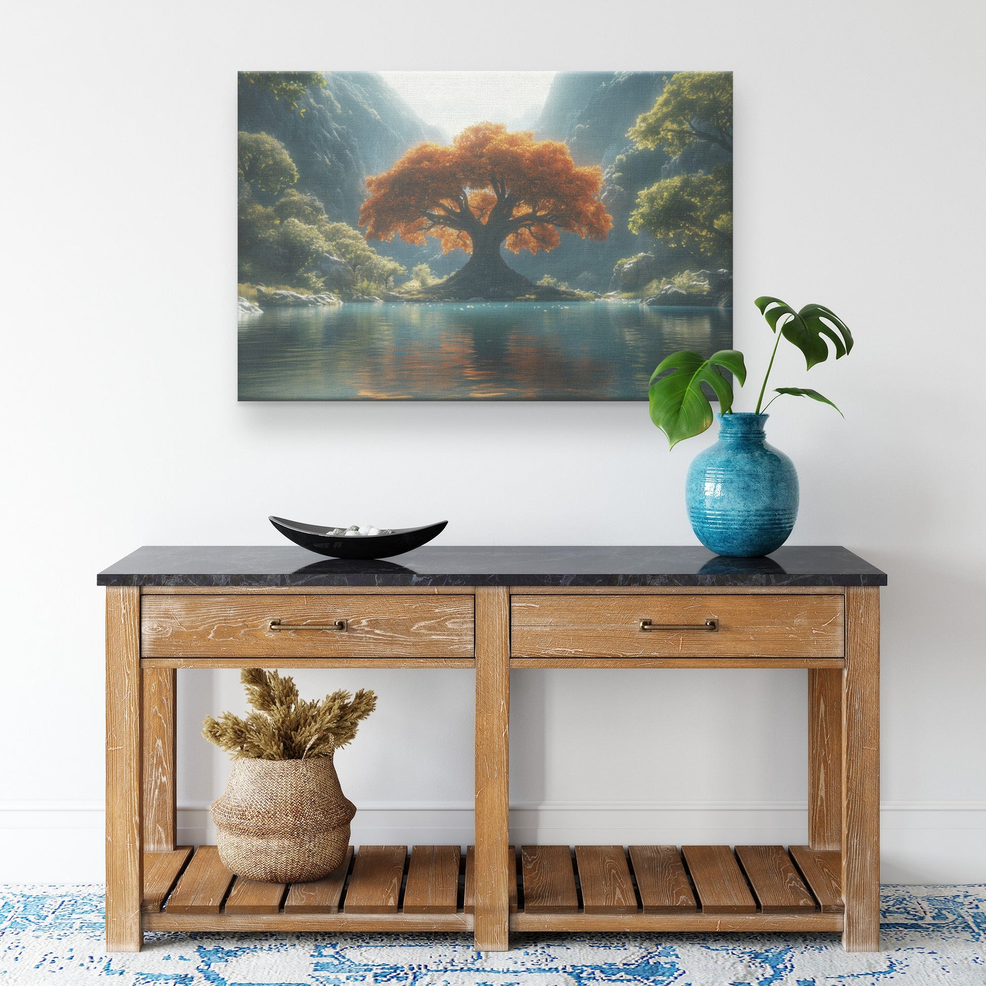 Majestic Tree of Life with Orange Leaves on Enchanting Lake Surrounded by Mountains Canvas Wall Art Decor - Awakening Righteousness