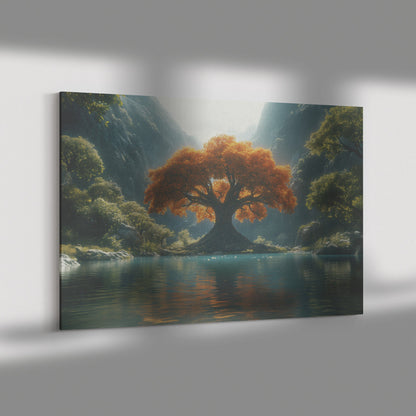 Majestic Tree of Life with Orange Leaves on Enchanting Lake Surrounded by Mountains Canvas Wall Art Decor - Awakening Righteousness