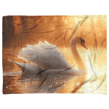 Majestic White Swan Gliding Across Glowing Crystal Clear Lake Under Golden Sunrise With Shimmering Reflection Fleece Sherpa Blanket - Awakening Righteousness