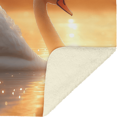 Majestic White Swan Gliding Across Glowing Crystal Clear Lake Under Golden Sunrise With Shimmering Reflection Fleece Sherpa Blanket - Awakening Righteousness