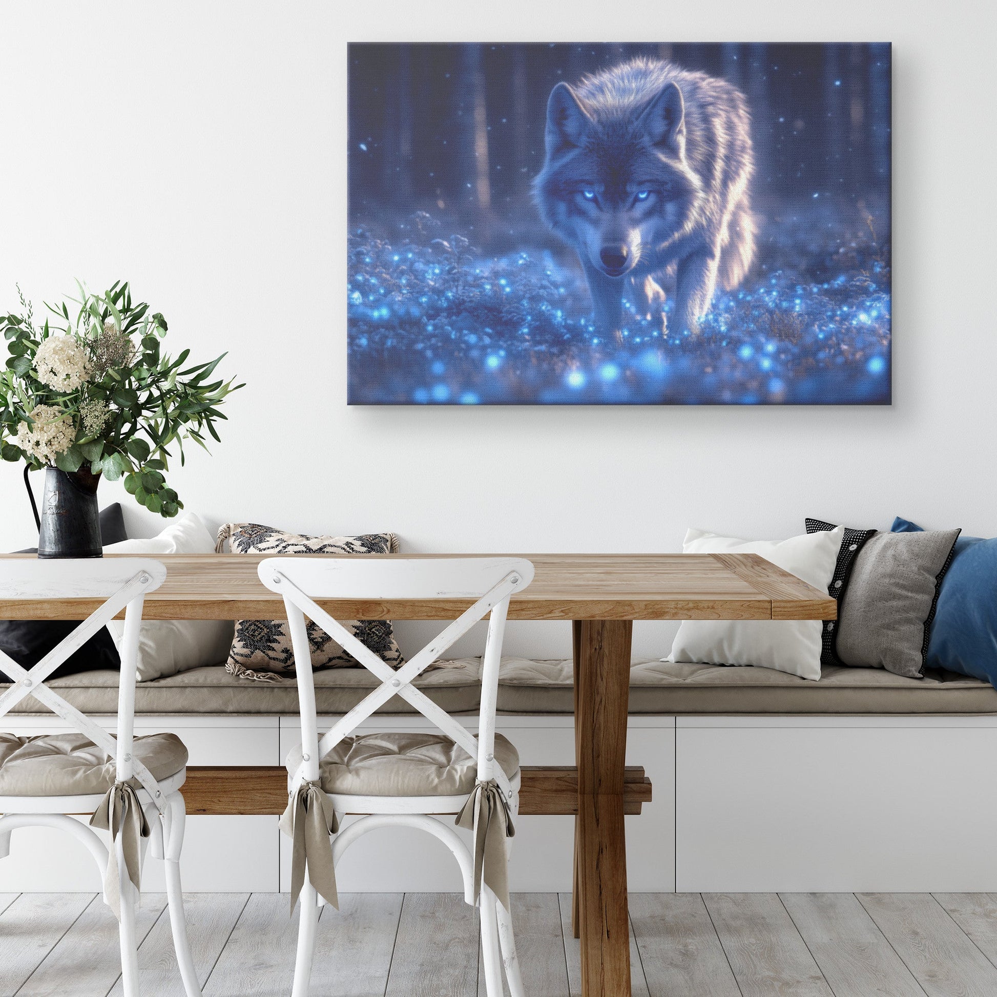 Majestic Wolf With Blue Eyes in a Glowing Enchanted Forest Canvas Wall Art for Nature Inspired Rustic Decor - Awakening Righteousness