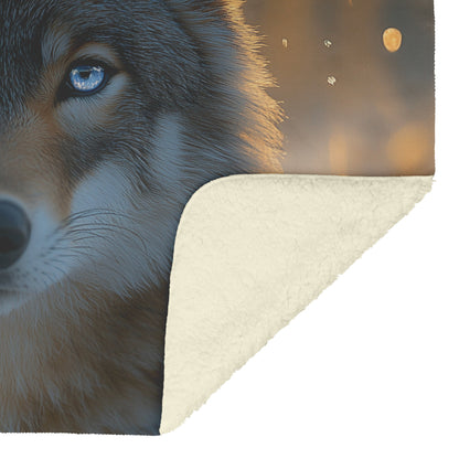Majestic Wolf with Blue Eyes Standing in Golden Arctic Sunlight Cozy Fleece Sherpa Blanket - Awakening Righteousness