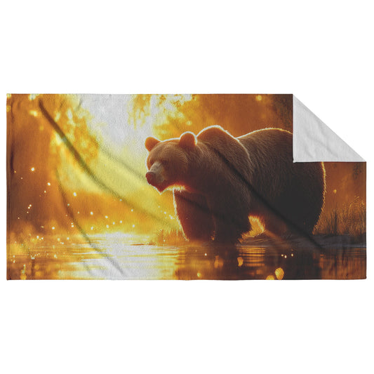 Massive Brown Bear Beach Towel with Misty Riverbank Golden Sunlight Crystal Water Serene Nature Inspired Design - Awakening Righteousness