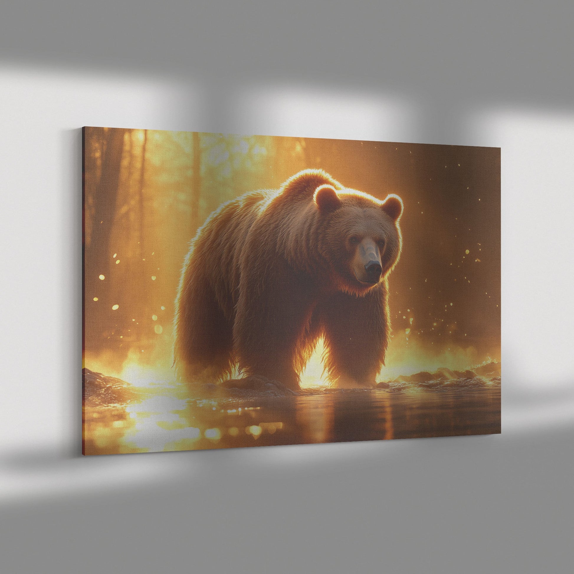 Massive Brown Bear on Misty Riverbank Canvas Wall Art Decor with Golden Sunlight and Crystal Clear Water Reflection - Awakening Righteousness