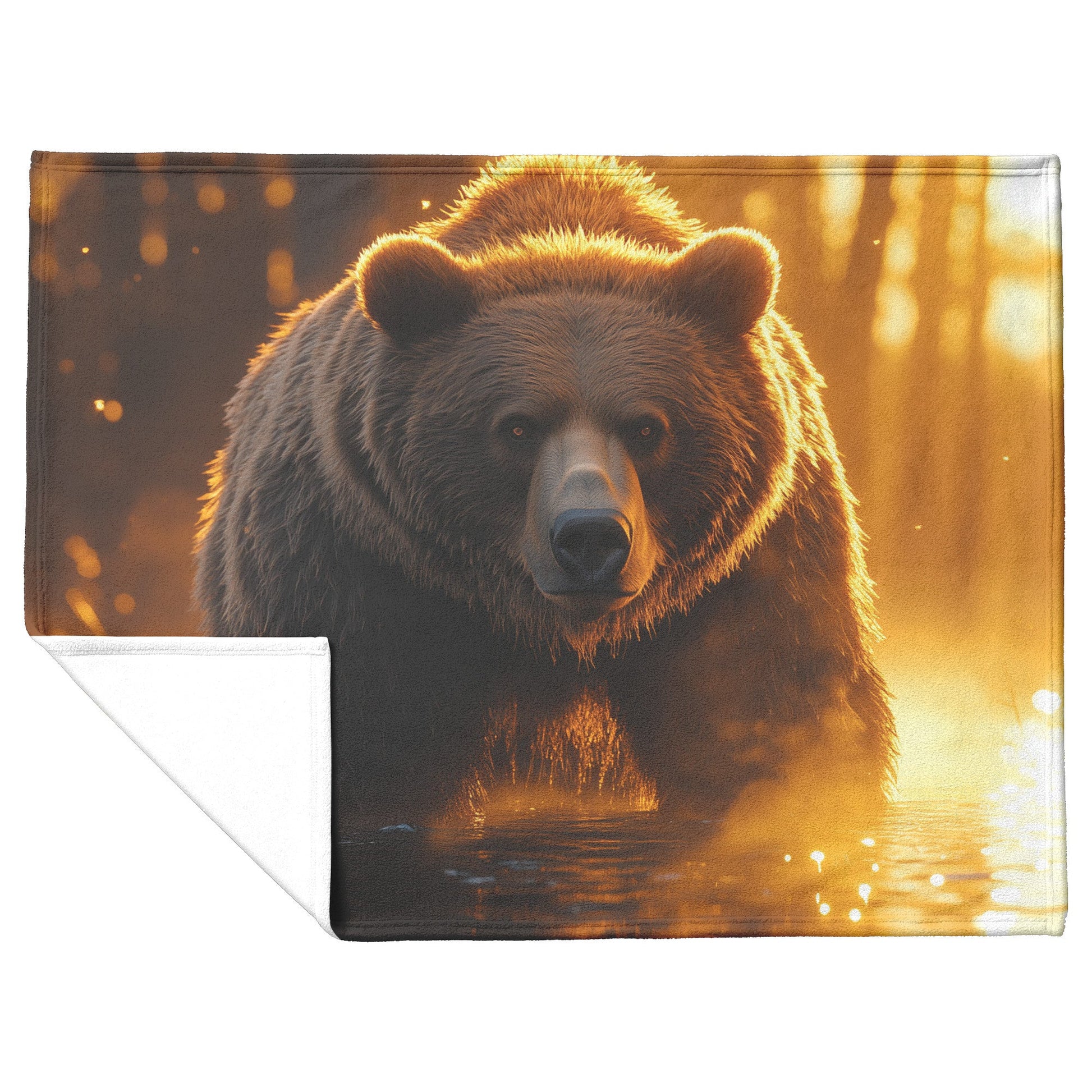Massive Brown Bear on Misty Riverbank with Glowing Golden Sunlight and Reflective Crystal Water Fleece Blanket - Awakening Righteousness