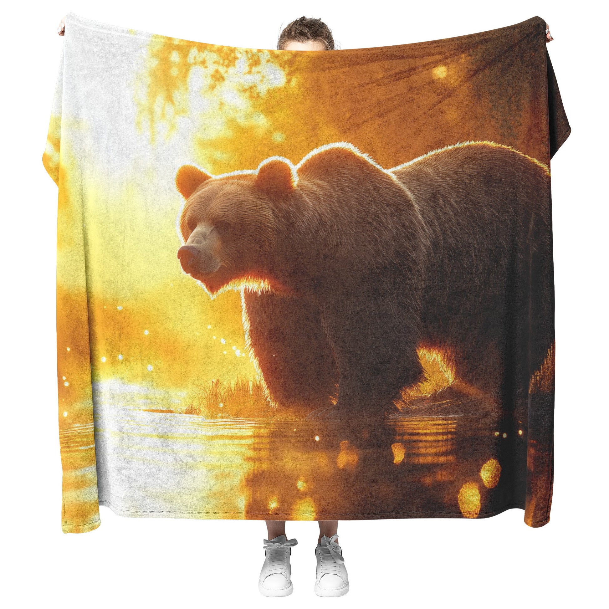 Massive Brown Bear on Misty Riverbank with Glowing Golden Sunlight and Reflective Crystal Water Fleece Blanket - Awakening Righteousness
