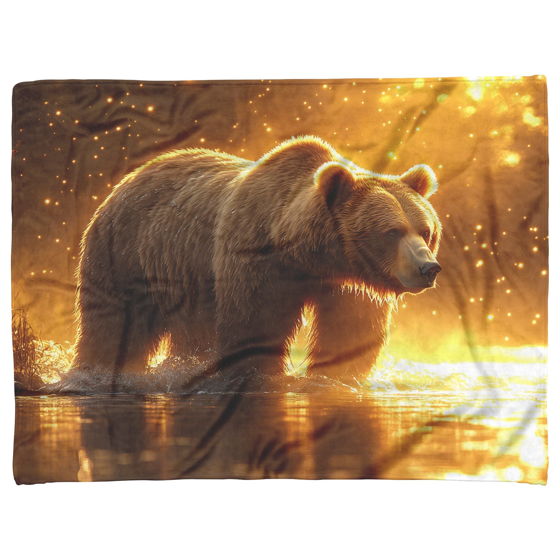 Massive Brown Bear on Misty Riverbank with Glowing Golden Sunlight and Reflective Crystal Water Fleece Blanket - Awakening Righteousness
