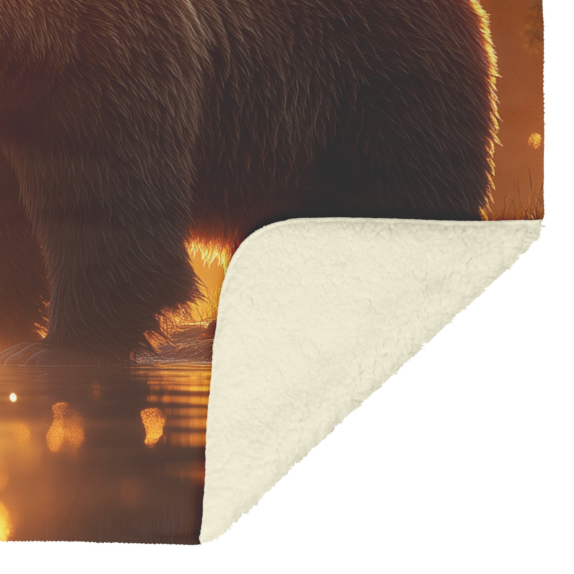Massive Brown Bear on Misty Riverbank with Glowing Golden Sunlight and Reflective Crystal Water Fleece Blanket - Awakening Righteousness