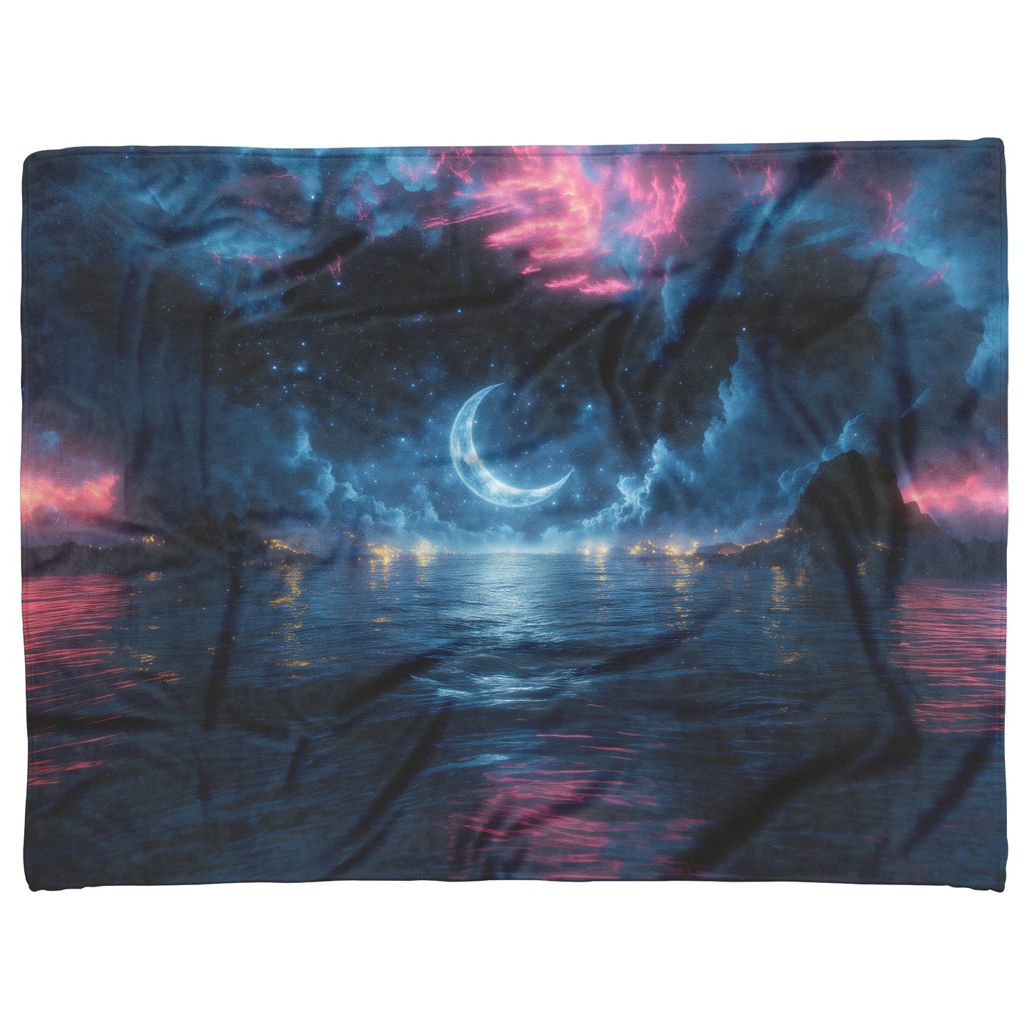 Massive Crescent Moon Over Water Stars Reflecting Silver Waves Deep Blue Hues Fleece Sherpa Blanket - Awakening Righteousness