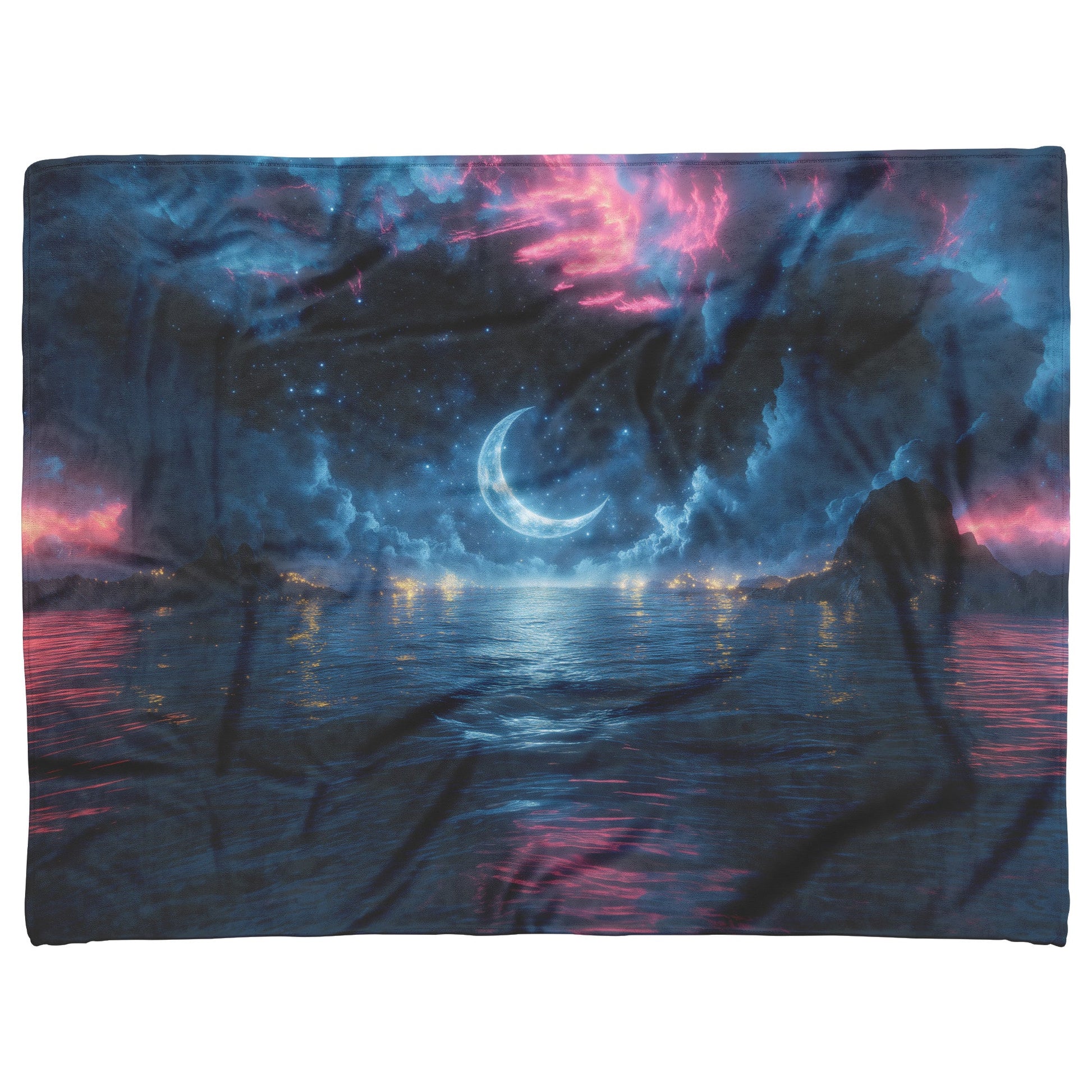 Massive Crescent Moon Over Water Stars Reflecting Silver Waves Deep Blue Hues Fleece Sherpa Blanket - Awakening Righteousness