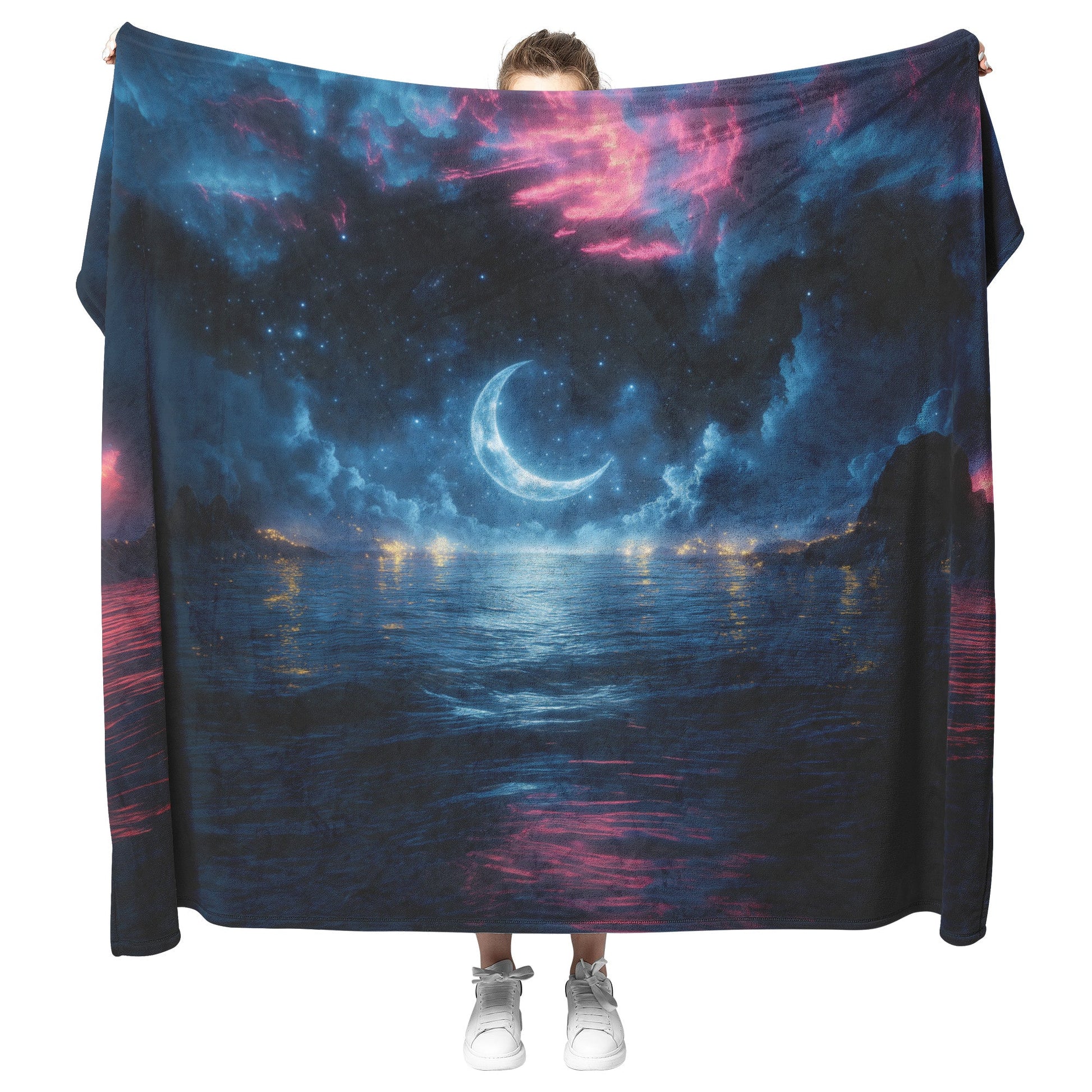 Massive Crescent Moon Over Water Stars Reflecting Silver Waves Deep Blue Hues Fleece Sherpa Blanket - Awakening Righteousness