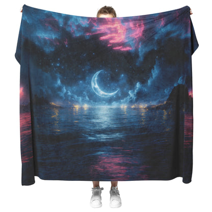 Massive Crescent Moon Over Water Stars Reflecting Silver Waves Deep Blue Hues Fleece Sherpa Blanket - Awakening Righteousness