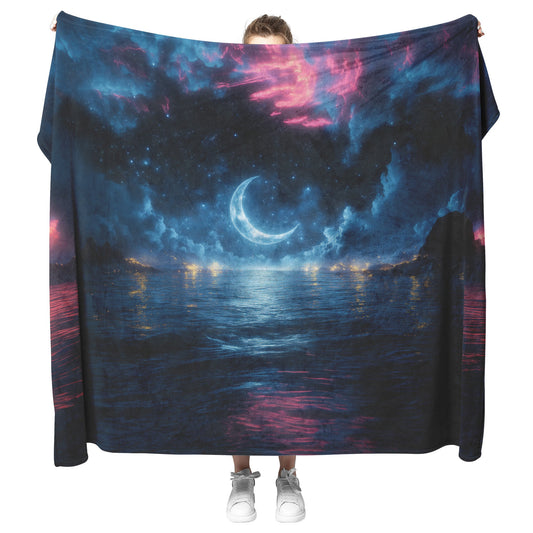 Massive Crescent Moon Over Water Stars Reflecting Silver Waves Deep Blue Hues Fleece Sherpa Blanket - Awakening Righteousness