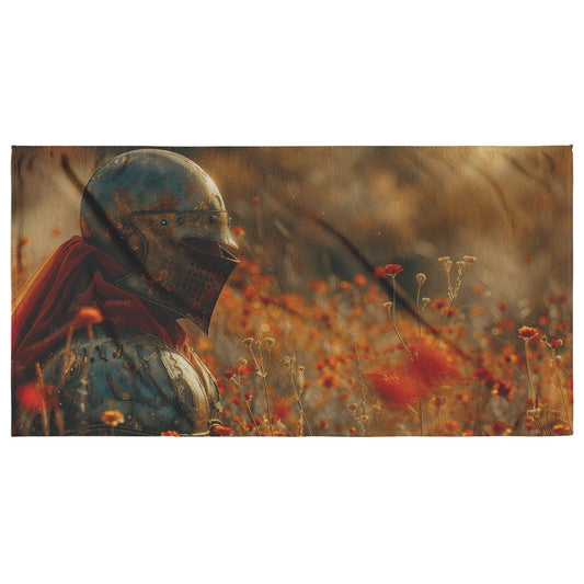 Medieval Knight Beach Towel with Gleaming Armor in a Field of Wildflower Perfect for Beach or Poolside Relaxation - Awakening Righteousness
