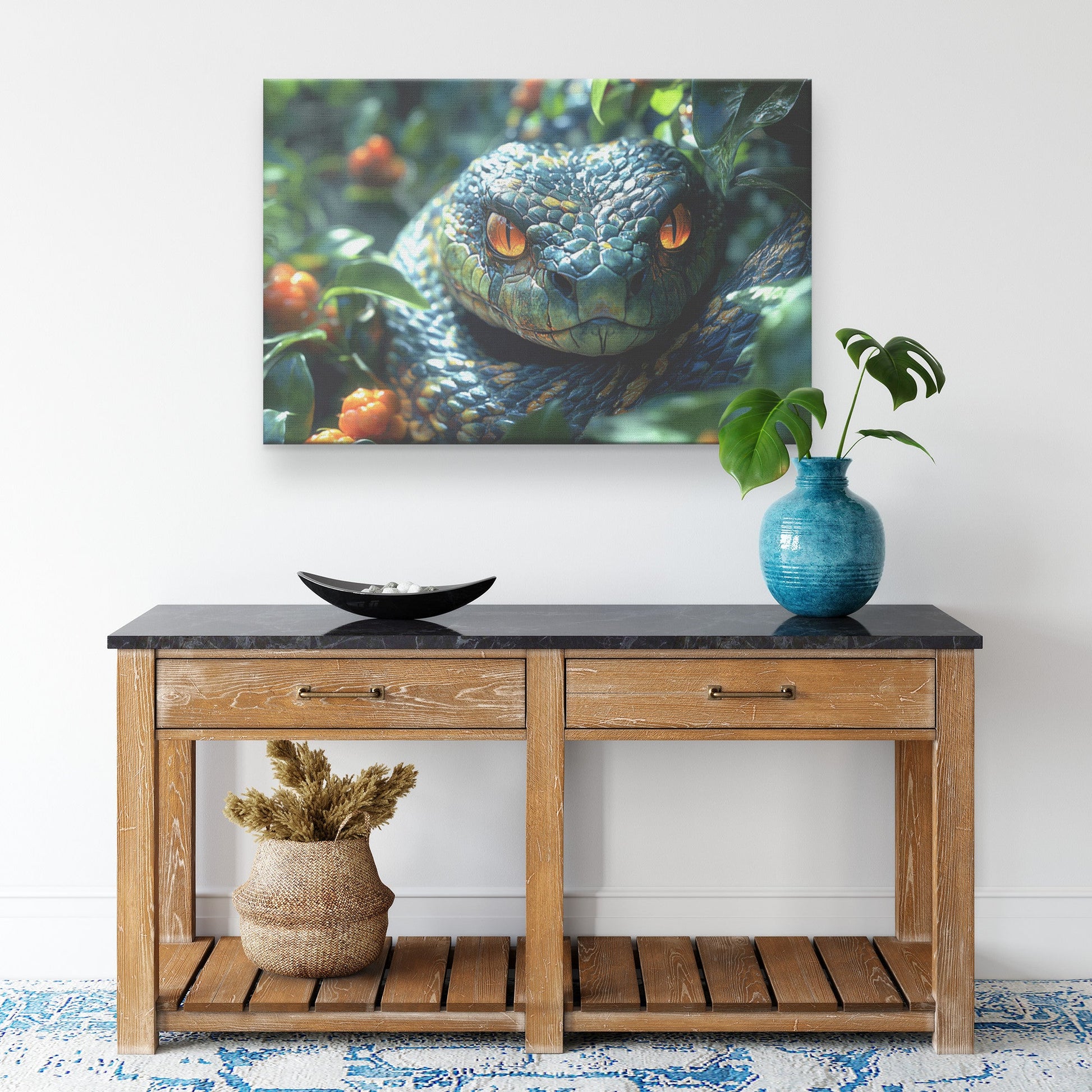 Mesmerizing Green and Gold Snake with Fiery Eyes in Lush Foliage Canvas Wall Art Decor for Nature and Wildlife Enthusiasts - Awakening Righteousness