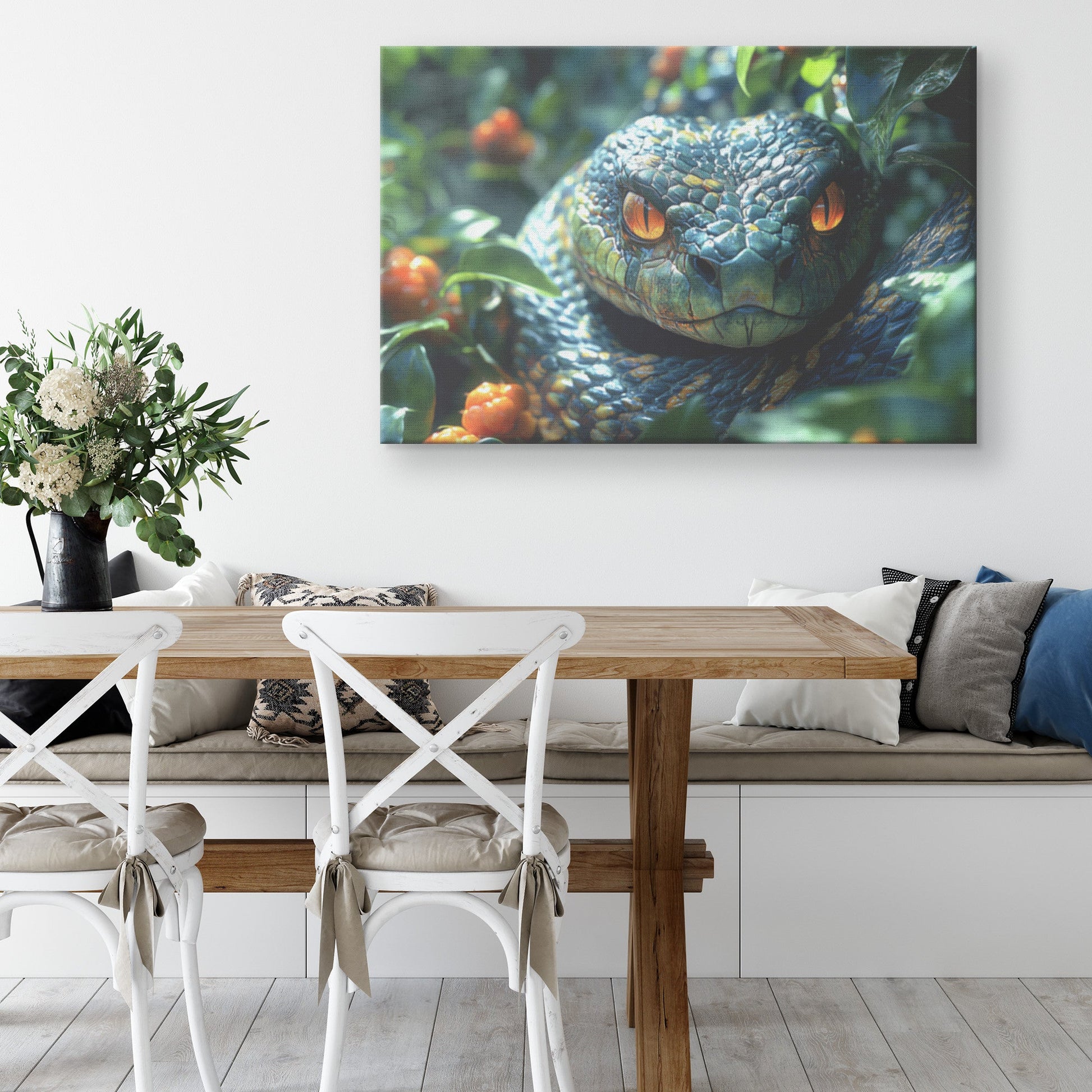 Mesmerizing Green and Gold Snake with Fiery Eyes in Lush Foliage Canvas Wall Art Decor for Nature and Wildlife Enthusiasts - Awakening Righteousness