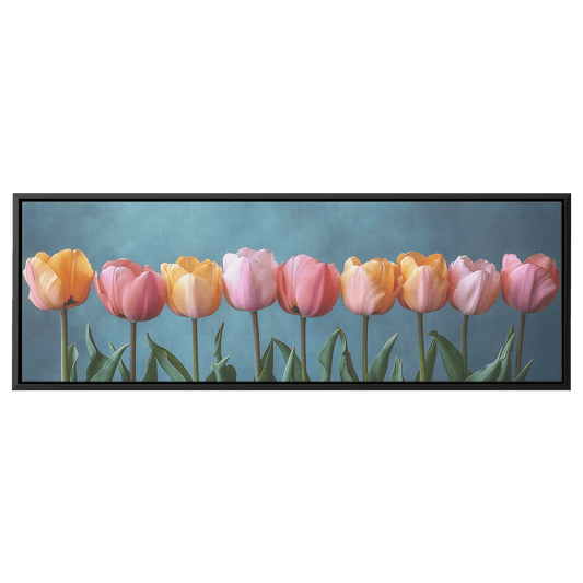 Minimalist Botanical Print Dainty Tulips Pastel Watercolor Accents Pink Yellow Ultra High Definition Clean Elegant Panoramic Framed Canvas Wall Art - Awakening Righteousness