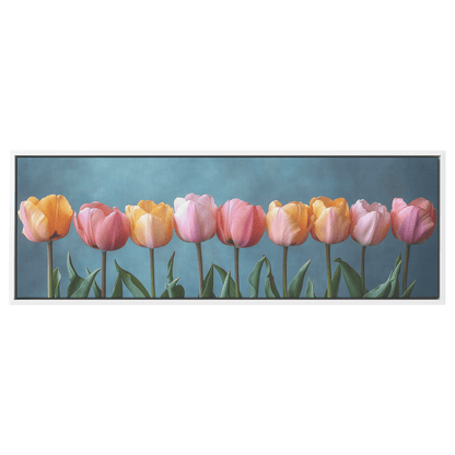 Minimalist Botanical Print Dainty Tulips Pastel Watercolor Accents Pink Yellow Ultra High Definition Clean Elegant Panoramic Framed Canvas Wall Art - Awakening Righteousness