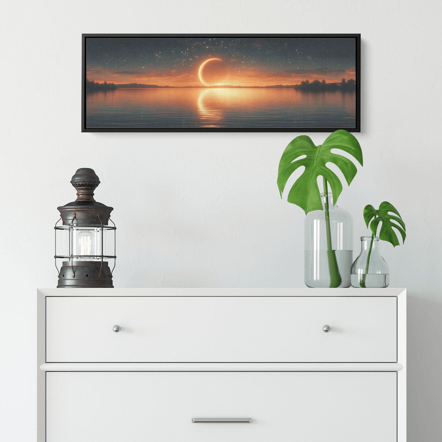 Minimalist Celestial Artwork Crescent Moons Dotted Star Trails Muted Olive Taupe Tones Ultra High Definition Boho Elegance Panoramic Framed Canvas Wall Art - Awakening Righteousness