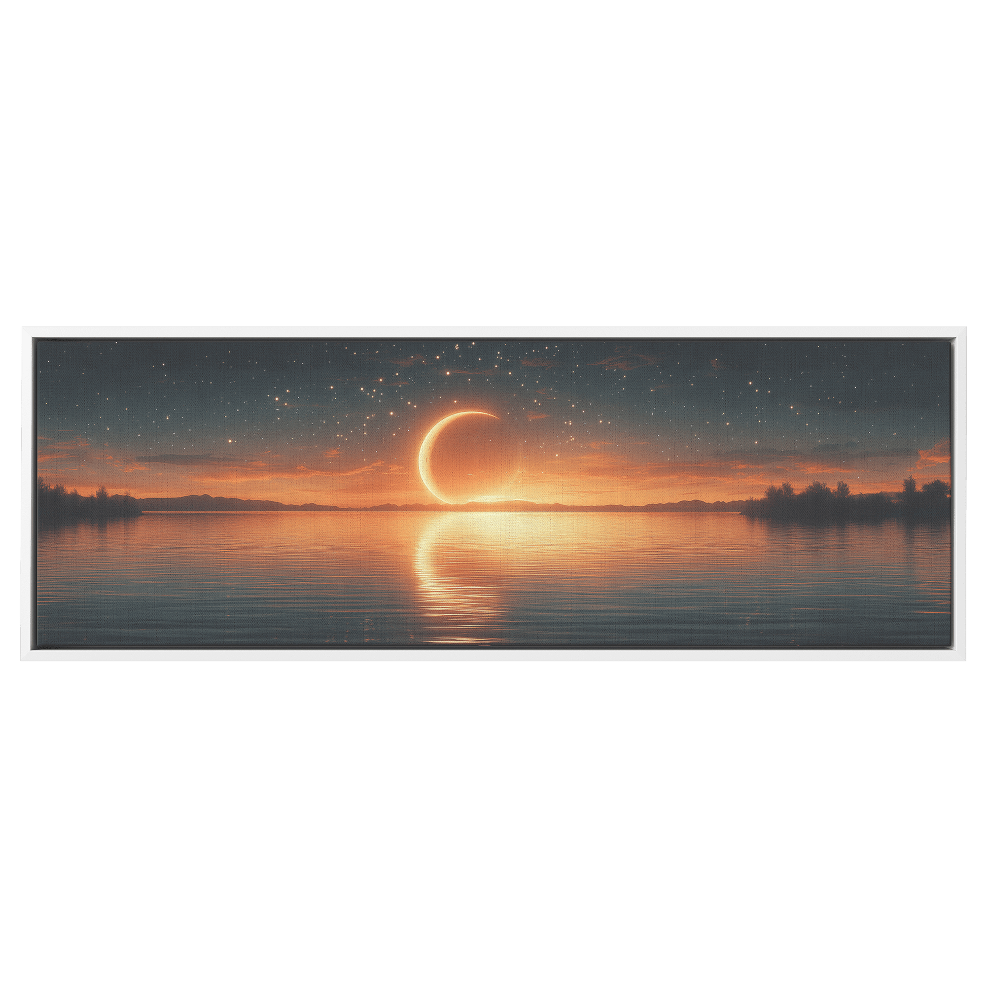 Minimalist Celestial Artwork Crescent Moons Dotted Star Trails Muted Olive Taupe Tones Ultra High Definition Boho Elegance Panoramic Framed Canvas Wall Art - Awakening Righteousness
